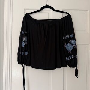American Eagle Black Blouse with Blue Floral Design